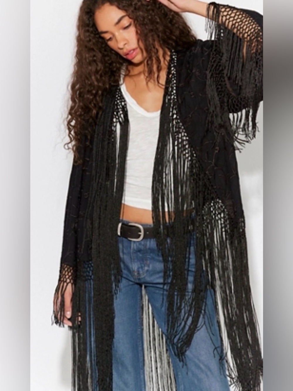 Free People Black Long Fringe Open-Front Kimono Cardigan